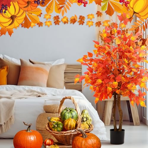 4ft Fall Eucalyptus Tree Artificial Ficus Fall Autumn Tree Decor Artificial Faux Plants Decor with Silk Leaves for Party Porch Fireplace Front Door Outdoor Indoor Office - color: Orange Red