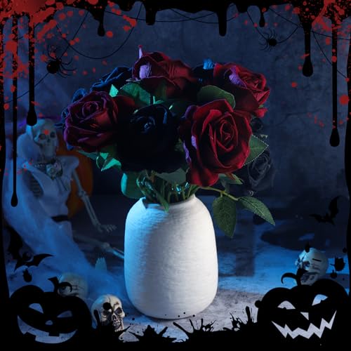 36 Pcs Silk Black Red Rose Bouquet Bridal Artificial Flowers,Fake Rose Long Stem Realistic Artificial Flowers Bulk for Wedding Bouquet Ball Arrangement Centerpiece Party Decor - color: Black, Red