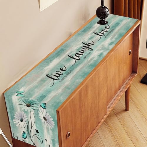 Daisy Floral Table Runner, Spring Summer Teal Floral Flower Boho Butterfly Farmhouse Coffee Table Center Decor for Family Kitchen Holiday Party Table Decorations, 13"x36" - color: Daisy-10, size: 13“ X 36"