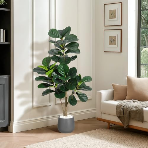 4 ft Fiddle Leaf Fig Tree Artificial with 48 Leaves - Realistic Faux Ficus Lyrata Trees in 7.8 in Grey Planter Pot, Indoor Fake Floor Plants for Home Office Living Room Decor, Housewarming Gift - color: With Black Planter, size: 4ft