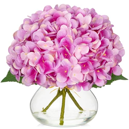 Hollyone Hydrangea Artificial Flowers with Glass Vase Purplish Pink Silk Faux Flowers Arrangements in Vase with Faux Water Fake Floral Bulk Bouquet for Home Decor Table Centerpiece Decorations - color: Hydrangea, Purplish Pink