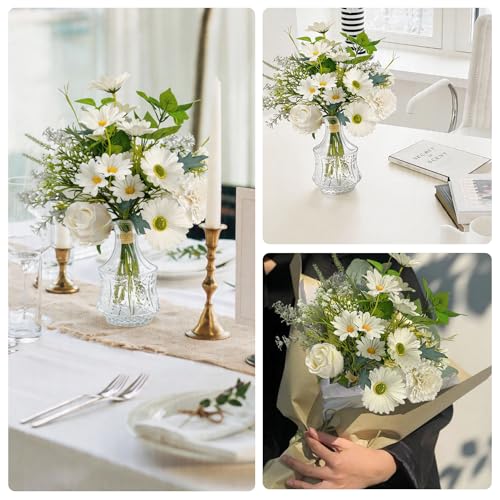 Daily Treasures Artificial Flowers with Vase, Large Mixed White Bouquet Realistic Fake Flowers, Glass Vase Included, Faux Floral Arrangement with Allium Rose Chrysanthemum Daisy for Home Decor