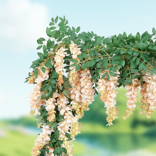 1pc/2pcs Encrypted Flower Vine Wisteria Artificial Flowers Garland,White Wisteria Hanging Flowers Garland Decorations for Home Garden Outdoor Ceremony Wedding Arch Decoration (Champagne Color, 2pcs) - color: Champagne Color, size: 2pcs