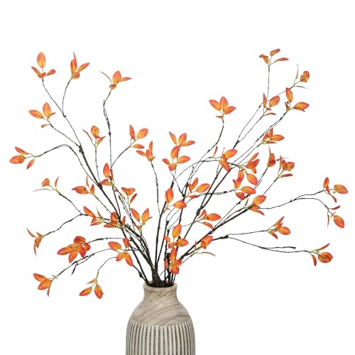 DuHouse 24" 5Pcs Artificial Ficus Branches Artificial Fall Greenery Stems Branches for Vase Filler Home Decor Table Centerpieces Garden Decoration(Orange) - color: Orange, size: 24"