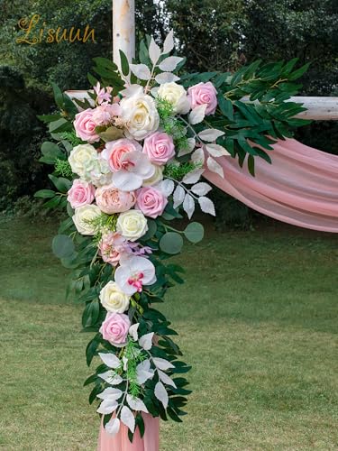 Lisuun Artificial Wedding Arch Flowers with Chiffon Runner, Pack of 3 | Includes 2 Flower Swags, 1 20ft Chiffon Runner and Zip Ties for Wedding Arches, Arbors and Backdrops - color: Blush&pink