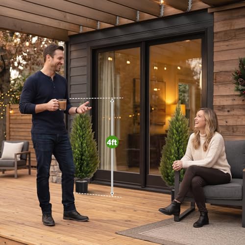 Artificial Cedar Trees 4FT Faux Cedar Topiary Evergreen Plants UV Resistant Outdoor Indoor Fake Cypress Pine Trees with Planter for Front Porch Entryway Patio Garden Home Decor Set of 2 - size: 4ft Black Pot