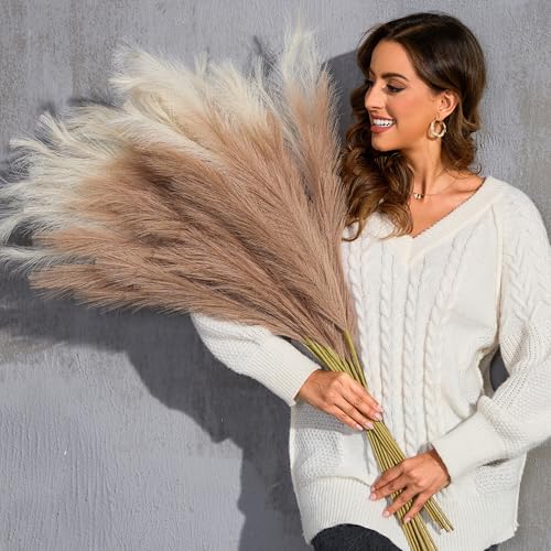 Faux Pampas Grass Tall, 9 PCS 43''/ 110 cm Large Fluffy Pampas Grass Decor, Fake Pompas Branches, Long Feathers for Floor Vase, Boho Flower Arrangement for Home Wedding Decor (Natural Beige) - color: Natural Beige