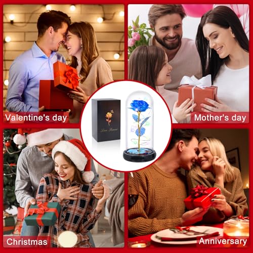 Mothers Day Flowers Gifts for Mom Women Birthday Gift Rechargeable Galaxy Glass Rose in Glass Dome Forever Crystal Eternal Rose Anniversary Mothers Day Roses Gifts for Daughter Wife Women Grandma Blue - color: Usb-c Blue