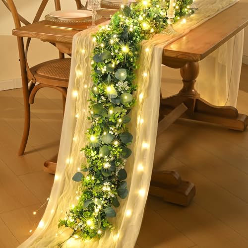 8Pcs Eucalyptus Garland with Lights, Greenery Garland, Green Garland with Flowers, 5.9FT Artificial Faux Eucalyptus Leaves Vines for Table Mantle Home Wedding Party Indoor Outdoor Decor（2 Long Lights） - color: Eucalyptus Garland With Lights, size: 8Pcs