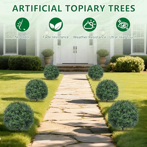 Artificial Boxwood Topiary Trees with Ground Spike,2 Pieces Fake Pine Shrubs Bushes, UV Resistant Faux Evergreen Cypress Tree Plants for Indoor Outdoor Planters Front Porch - color: Boxwood Ball