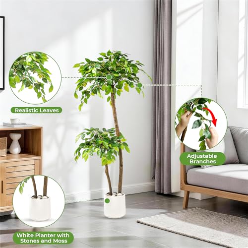 4FT Artificial Ficus Tree with White Planter and Pebbles,Faux Silk Tree with Lifelike Leaves and Realistic Trunk,Tall Fake Potted Plant for Home and Office Décor Indoor and Outdoor (4FT) - size: 4ft
