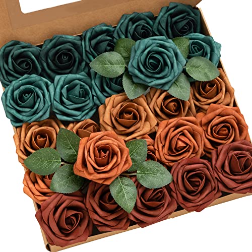 Ling's moment Artificial Flowers, 25Pcs 3" Roses in Teal Shades, Realistic DIY Foam Floral Decor for Wedding Bouquets/Centerpieces, Outdoor Party Backdrops, Room/Table, and Garden/Pot Decorations - color: Shade of 1970s, size: 25Pcs