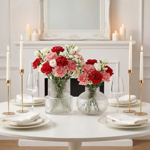 Ribbed Glass Vases, Set of 2 Fluted Vases for Flowers, Clear Glass Vase for Tulips, Modern Vase for Living Room, Kitchen, Office, Entryway, Mantle, Bookshelf, Wedding Gifts, Birthday - color: Clear, size: Ribbed + Round (2-Pack)