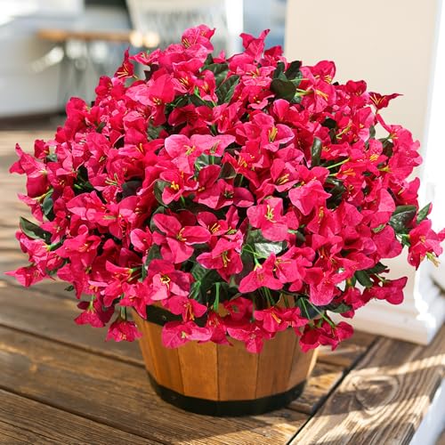 Fake Bougainvillea Artificial Flowers for Outdoors Spring Decor, 4 Bundles Outdoor Bougainvillea Silk Flowers for Outside Faux Plants UV Resistant Realistic for Planter Patio Porch Garden, Hotpink - color: Hotpink