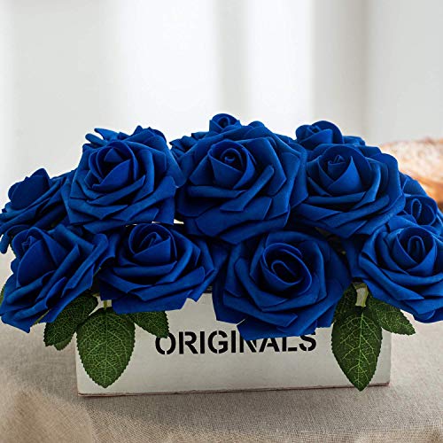 25pcs Artificial Flower Foam Rose Real Touch Roses Flower Heads with Stem for DIY Wedding Bouquets Centerpieces Arrangements Party Baby Shower Home Decor (Royal Blue) - color: Royal Blue