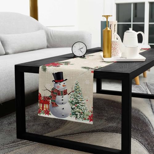 Christmas Snowman Poinsettia Table Runner-Cotton Linen-90 Inch Holiday Dresser Scarves, Floral Eucalyptus Swirls Snowflake Tablerunner for Kitchen Coffee/Dining Bedroom Living Room Dinner Scarf Décor - color: Christmas, size: 13x90 Inch