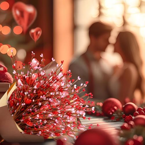 8PCS Valentine's Day Floral Decorations – Artificial Heart Shaped Foam with Red, Pink, White Berries, Artificial Picks for Home, Wedding, Party, DIY Craft, Perfect Valentine's Gift