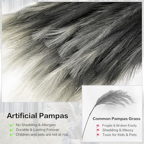 8Pcs 3FT Colorful Faux Pampas Grass for Boho Decor, KALYLOC Non-Shedding Fluffy Artificial Bulrush, Tall Reed Fluffy Stems Vase Filler Living Room Wedding Decoration - color: Black