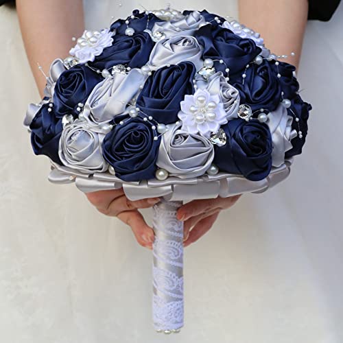 Bridal Wedding Bouquet with Rhinestone Brooch Pearl Bouquet for Bride Bridesmaid Quinceanera Satin Rose Flower Bouquet Wedding Navy Blue and Silver Grey 8.7in - color: Navy Blue and Silver (Standard Size: Dia.8.7")