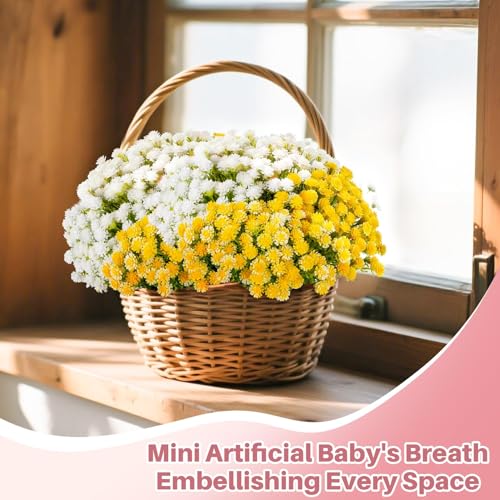 RAINFLOW Babys Breath Artificial Flowers Bulk - 100PCS Mini Flowers for Decoration Scrapbook Supplies Flower Garland Wedding Decorations for Reception Bouquet Accessories Home Decor(Yellow White) - color: Yellow White, size: 100 PCS