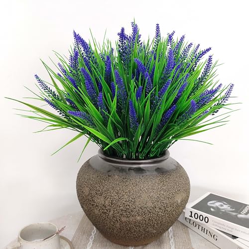 22 Bundles 7 ForK Faux Flowers For Outdoor Planters– Lavender Floral Artificial with Fake Tall Grass, UV Resistant artificial Outdoor Flowers for Garden Porch Window Patio Hanging Planter Home Decor
