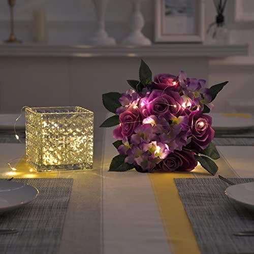 Fule Artificial Silk Rose Flower Centerpiece Arrangement in Glass Vase with LED Light for Home Wedding Decoration (Light Purple) - color: Light Purple