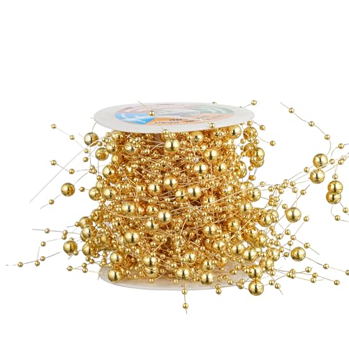 13Feet Pearl String Spool Roll for Floating Candles Faux Pearls Strands Garland for Vase Filler Wedding Centerpiece Christmas Table Decor (Gold) - color: Gold
