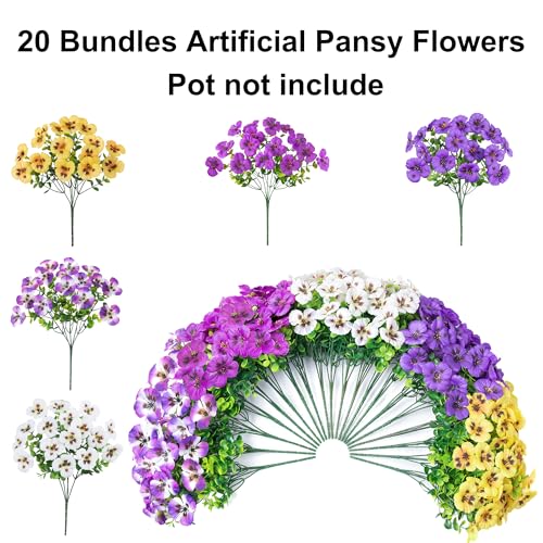 Ivydale 20PCS Artificial Fake Pansy Flowers for Outdoor Spring Summer Decor, Faux Silk Mixed Color Pansies UV Resistant Plants for Front Door Porch Yard Patio Window Box Home Decor - color: Purple Yellow White Gradient Purple Fuchsia