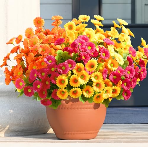 Waipfaru Artificial Flowers for Outdoors Faux Plants, UV Resistant Artificial Outdoor Flowers, Silk Daisy Realistic Fake Mums Flower for Front Porch Spring Home Planter Patio Decor, 6 Bundles, Mix - color: Yellow, Orange, Rose Red, size: 6 PCS