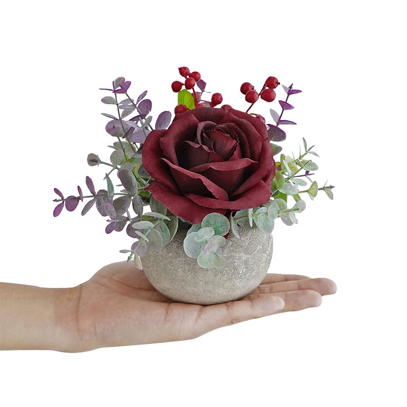 Small Artificial Burgundy Rose Potted Plant, 6" Fake Silk Flowers in 3.5" Round Pot, Mini Faux Floral Arrangement for Desk Shelf Bathroom Decor - color: Burgundy