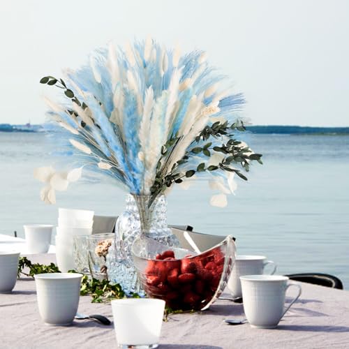 N&T NETING 101Pcs Blue Pampas Grass Decor Natural Dried Floral Pampas Grass Light Blue Boho Pampas Home Decor Fluffy Dried Pampas Flowers for Home Wedding Boho Beach Theme Table Decor