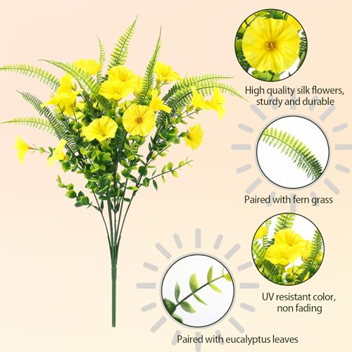 Artificial Flowers for Outdoors 12 Bundles Yellow Artificial Petunias Fake Flowers UV Resistant Shrubs Plants with Fern for Indoor Outside Home Garden Spring Summer Decorations - color: Yellow