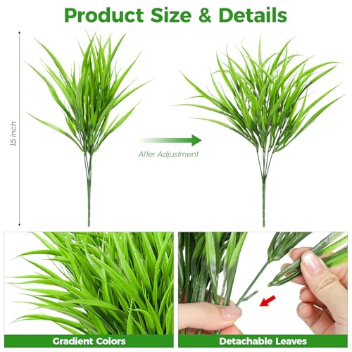 16 Pcs Artificial Plants Outdoor Fake Grass Faux Greenery Stems UV Resistant Plastic Plants Shrubs for Planters Patio Garden Front Porch Pathway Spring Summer Home Decor, Green - color: Green