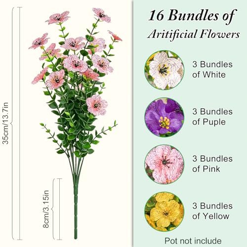 Artificial Flowers for Outdoors Decoration for UV Resistant Silk,16 Bundles | Artificial Violet Flowers for Spring Outdoor Decor, Realistic Fake Plants for Porch,Garden,Window Box,Vase Mix 6 Colors - color: Purple White Yellow Pink