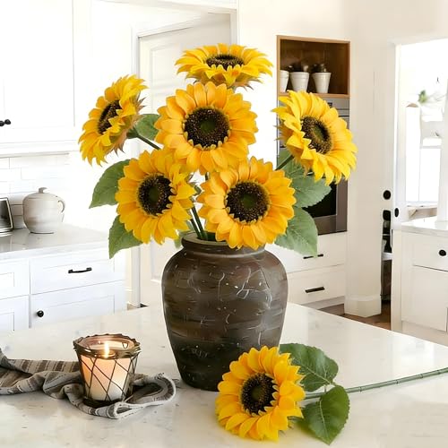 12 PCS Fake Sunflowers Silk Sunflowers Long Stem Large Summer Yellow Flower | 6in Large Heads Flower Arrangement Indoor Home Decor for Tall Vase
