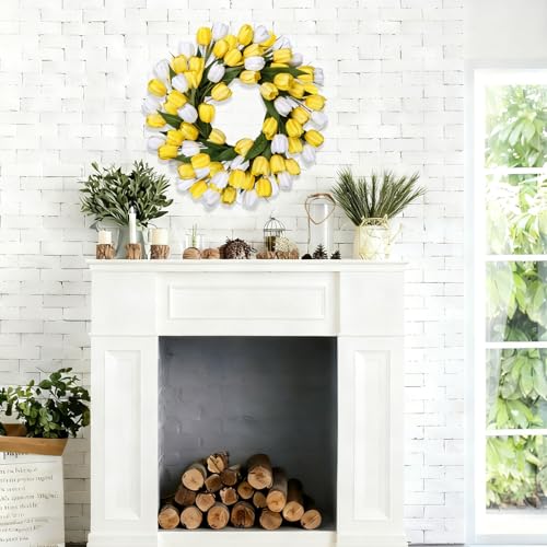 24 Inch Tulip Summer Wreath for Front Door Spring Silk Wreath with Green Leaves Artificial Tulip Flower Wreaths for All Seasons Farmhouse Porch Wall Living Room Home Widding Decor-Yellow - color: Yellow