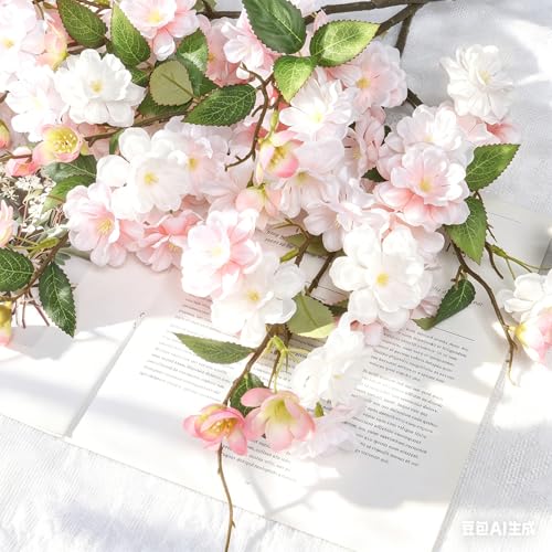 KHOYIME Artificial Cherry Blossom Branches 4PCS Pink White Fake Silk Flowers Faux Long Stems Realistic Cherry Floral Plants Spring Decor for Vase Table Centerpiece Indoor Home Office Wedding Party - color: Pink