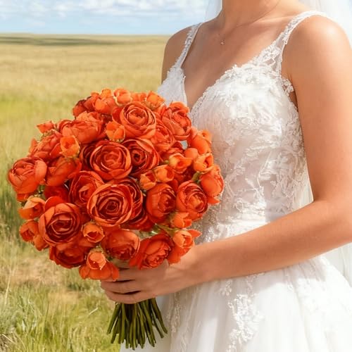 24 Stems Artificial Ranunculus Flowers - 96 Bloom Faux Silk Ranunculus Bouquet for Wedding Decorations, Home Décor, Holiday Arrangements & Large Event Centerpieces (Orange) - color: Orange