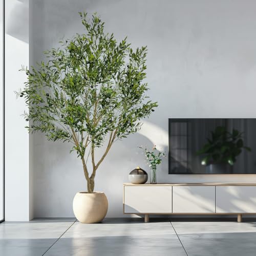 8ft Tall Artificial Olive Potted Tree | Foliage: Designed with lush natural leaves and realistic olive fruits, crafted from premium silk material - size: 8ft 2in