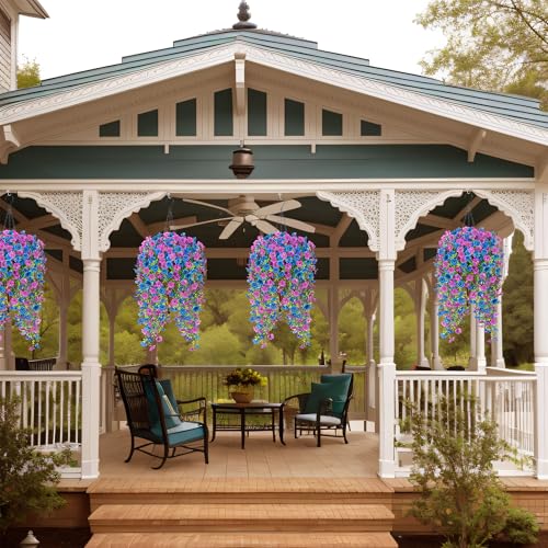Artificial Flowers for Outdoors Home Decor, 2 Packs Faux Daisy Silk Flower Realistic Fake Plants for Front Porch Courtyard Outside Hanging Floral Spring Summer Fake Planter Decoration (Purple Blue) - color: Dpurple Blue
