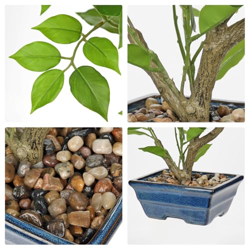 Fake Plants Small Artificial Plants Indoor 15.3" Fake Potted Plants Realistic Faux House Topiary Plants with Blue Ceramic Pot for Home Office Bathroom Kitchen Farmhouse Table Centerpieces Shelf Decor - color: Green -Blue Pot
