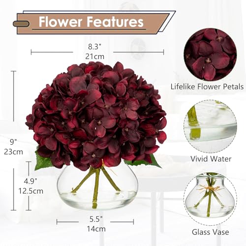 Hollyone Dark Red Fall Hydrangea Artificial Flowers for Decoration in Glass Vase Autumn Silk Faux Flower Arrangements with Faux Water Table Centerpiece Vase with Fake Flowers Fall Decorations for Home - color: Hydrangea, Dark Red