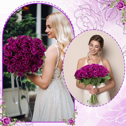 36 Pcs Dark Purple Velvet Artificial Flowers, Realistic Fake Roses Bulk for Wedding Arch, Bouquet Making, Centerpieces - color: Purple