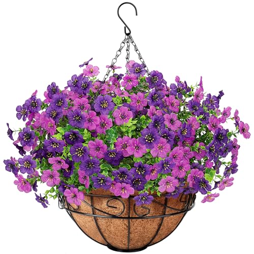 Artificial Fake Hanging Flowers Plants Basket Outdoors, Faux Silk UV Resistant Look Real Daisy Eucalyptus for Spring Summer Garden Porch Home Patio Balcony Yard Decorations, Double Purple - color: Double Purple