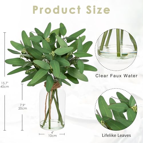Fake Real-Touch Eucalyptus in Glass Vase with Faux Water – Realistic Faux Greenery Decor, 15.7" Tall, Artificial Eucalyptus Arrangement for Home, Farmhouse, Kitchen, Bathroom, Office - color: Dark Green