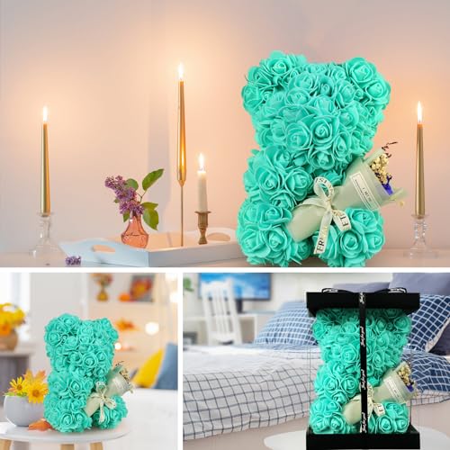 Rose Bear Valentines Day Gifts for Her, Rose Teddy Bear Romantic Gifts for Girlfriend Wife Mom,Flower Bear with Rose Bouquet and 100 Languages I Love You Necklace - color: Greenish Blue
