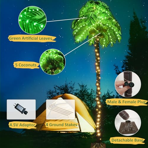 Ledido 7FT Lighted Palm Trees for Outside Patio, 179LED Palm Tree Outdoor with 5 Coconuts Bendable Leaves Waterproof, Artificial Fake Trees for Pool, Yard, Deck, Home, Party, Indoor Christmas Decor - color: Warm White, size: 7ft