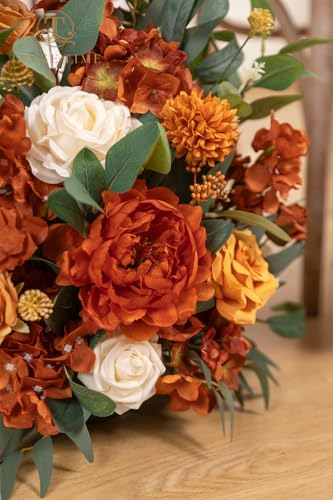 TINGE TIME Free-Standing Artificial Flower Set of 2, Table Centerpiece with Rubber Pad, Silk Fake Flower for Fall Wedding Centerpiece Archway Aisle Welcome Entrance (Terracotta) - color: Terracotta