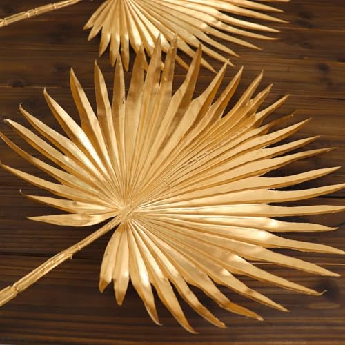Efavormart 2 Pack 34 inch Shiny Metallic Gold Artificial Fan Palm Leaf Stems, Tall Faux Tropical Foliage for Stately Floor Vases and Modern Event Styling - color: Type6