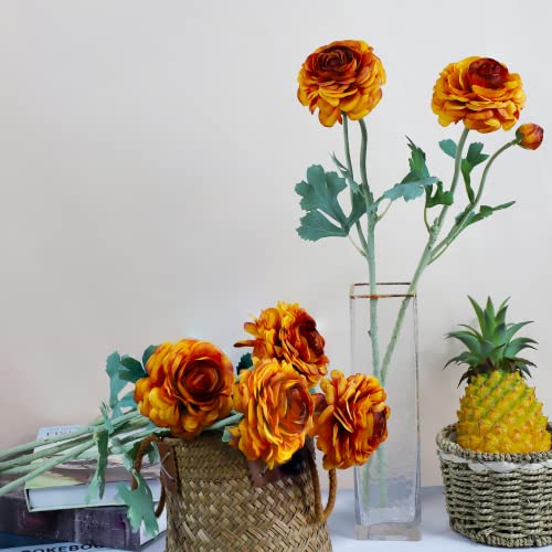 Artificial Flowers Ranunculus Long Stem Buttercup Silk Flowers 6 pcs for Home Decor and Wedding Decorations(Burnt Orange) - color: Burnt Orange